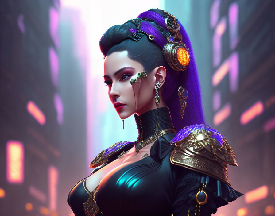 Futuristic woman with cybernetic enhancements in ornate armor and neon-lit cityscape