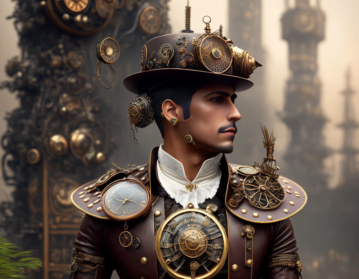 Man in Steampunk Attire with Goggles and Gears in Industrial Setting