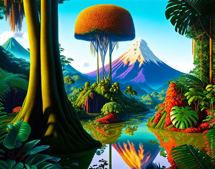 Vibrant digital illustration: lush jungle, river, snow-capped volcano