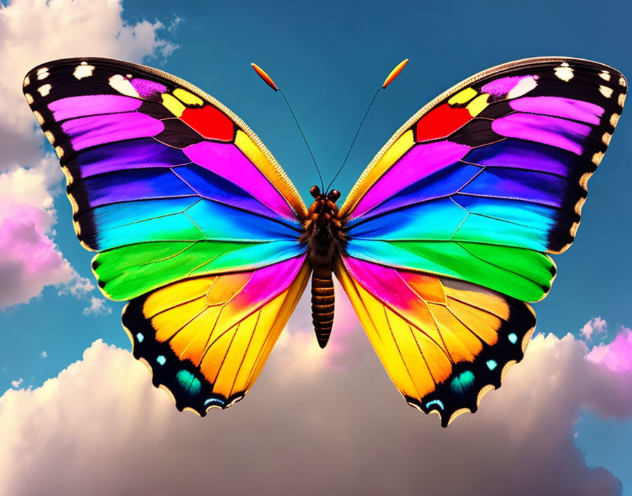 Colorful Butterfly with Spread Wings Against Blue Sky