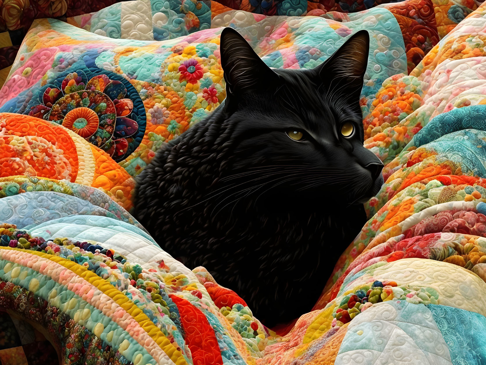 Black Cat Resting on Colorful Patchwork Quilt