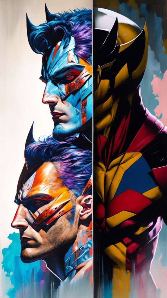 Stylized split image of two comic book characters' faces merging with vibrant colors.