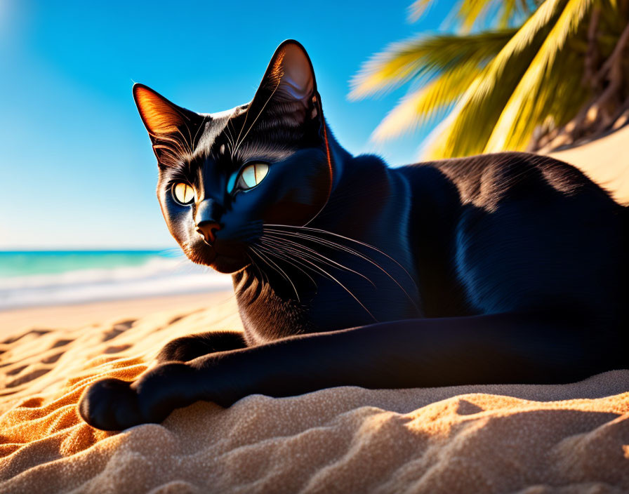 Black cat relaxing on sandy beach with ocean and palm trees in background
