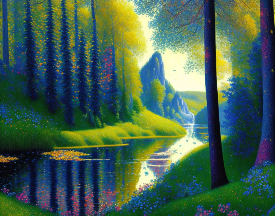 Colorful Painting of Serene River Scene with Lush Trees and Blooming Flowers