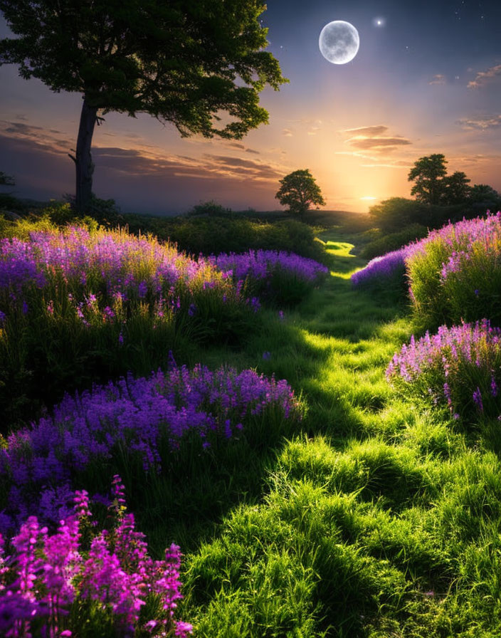 Twilight sky over lush meadow with purple flowers
