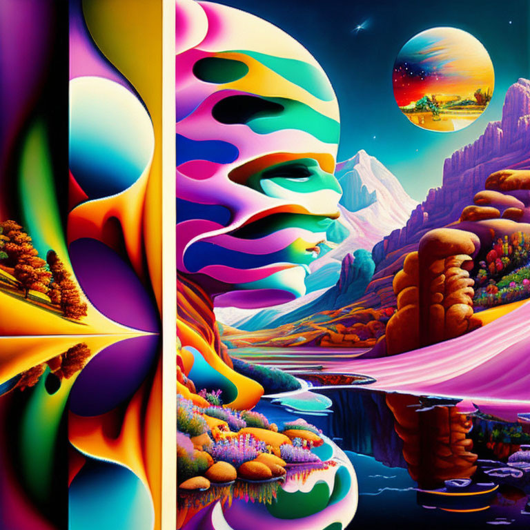 Colorful surrealistic artwork: melting faces, vibrant landscapes, starry sky.