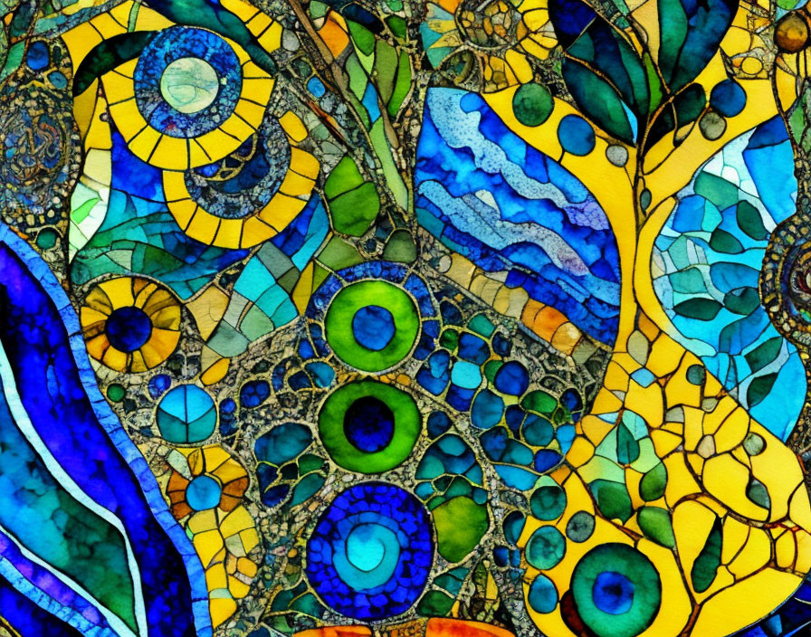 Abstract Mosaic Art: Vibrant Circular Shapes in Blue, Green, Yellow