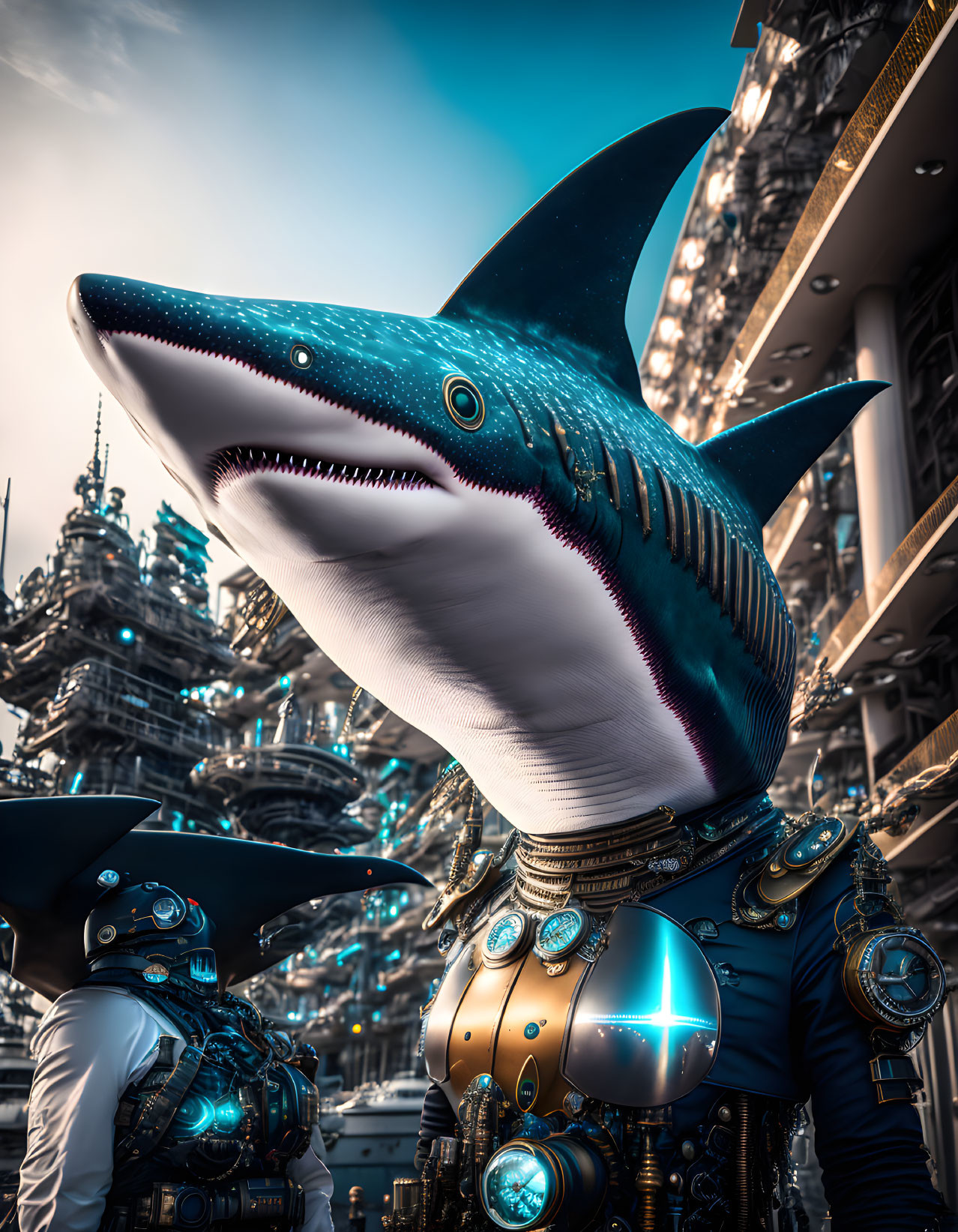 Steampunk-dressed person with shark helmet in futuristic cityscape