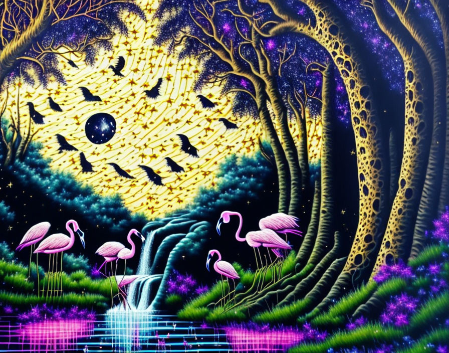 Fantasy artwork: Pink flamingos by reflective lake, twisted trees, starry sky.