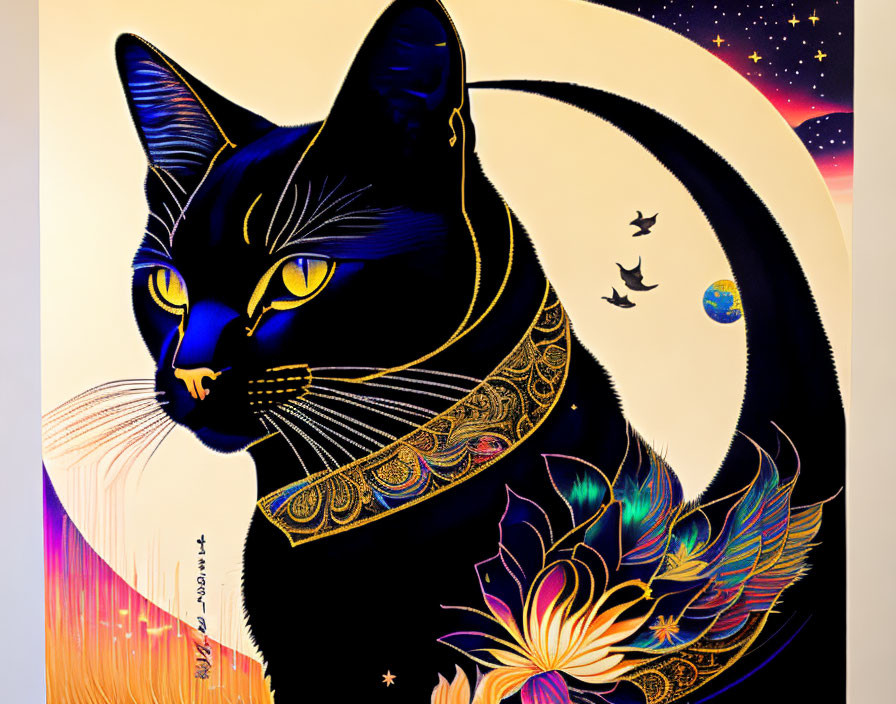 Stylized Black Cat Illustration with Golden Eyes and Cosmic Background