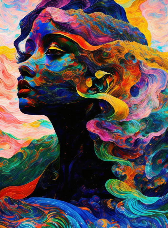 Colorful Digital Painting of Woman in Profile with Swirling Patterns