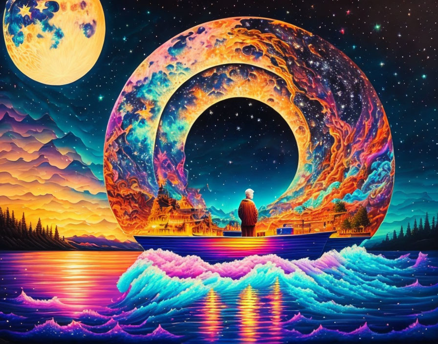 Artwork featuring person on boat under cosmic ring, night sky, moon.