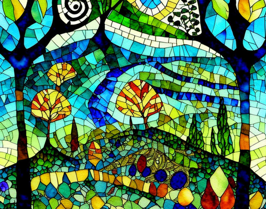 Vibrant stained glass style art of abstract trees and leaves
