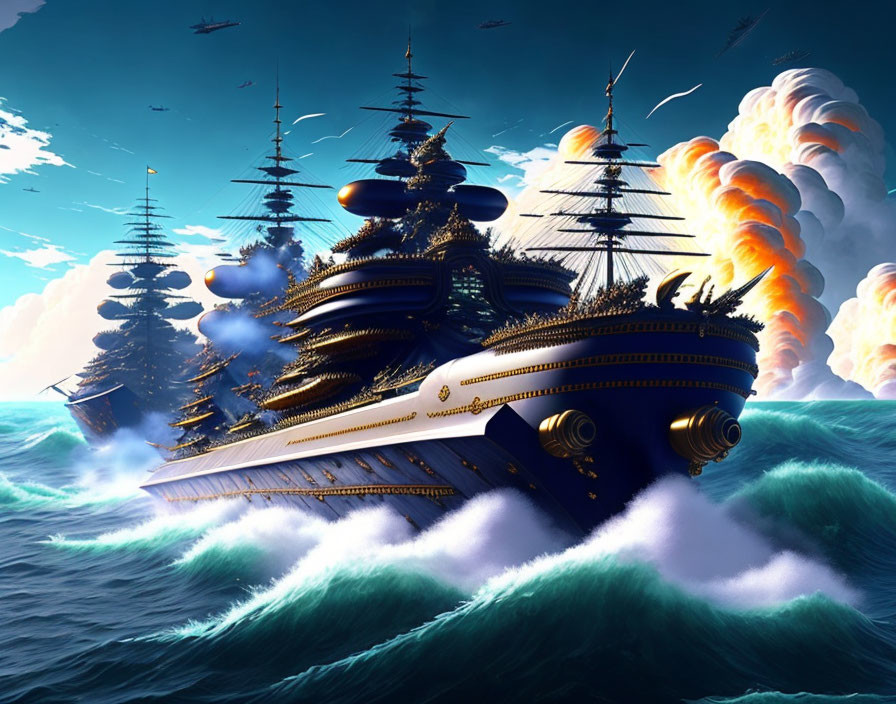 Ornate navy-blue battleship firing guns at sea amid dramatic skies