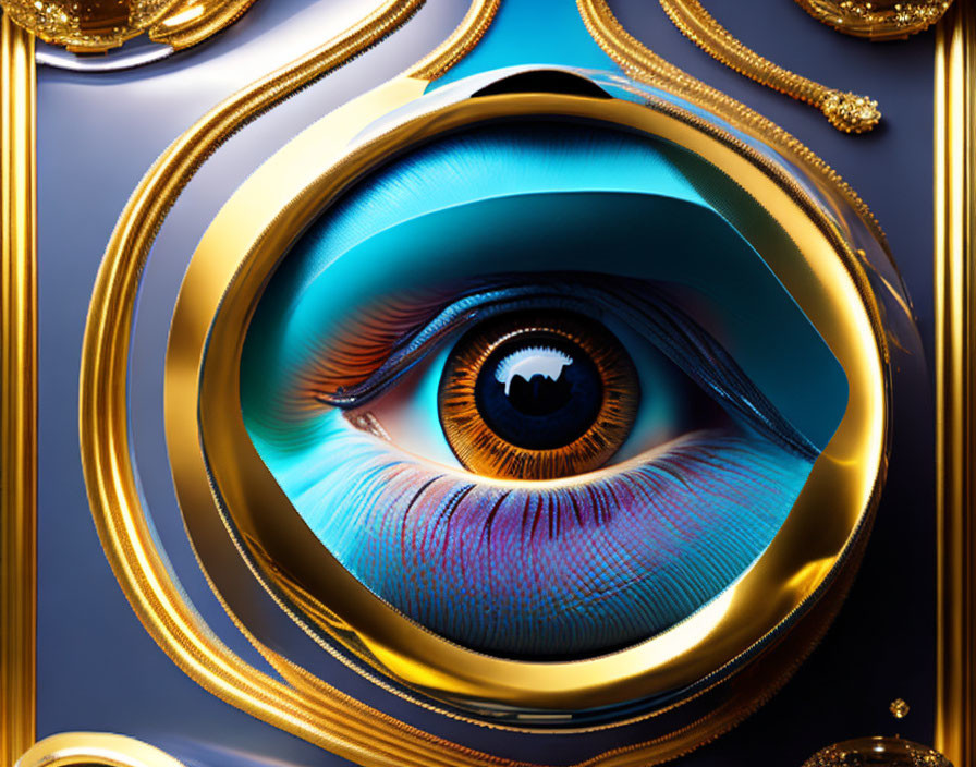 Surreal hyper-realistic eye in ornate golden frames on dark blue background