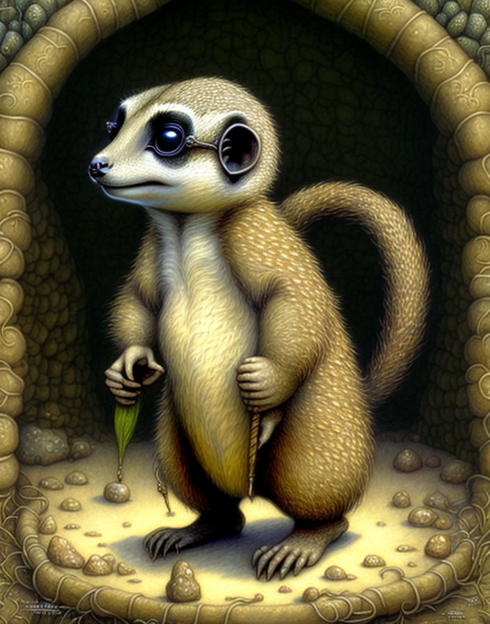 Anthropomorphic meerkat in burrow with pebbles, expressive eyes.