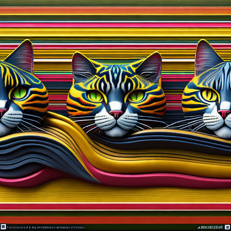 Vibrant Stripy Feline Faces on Colorful Background