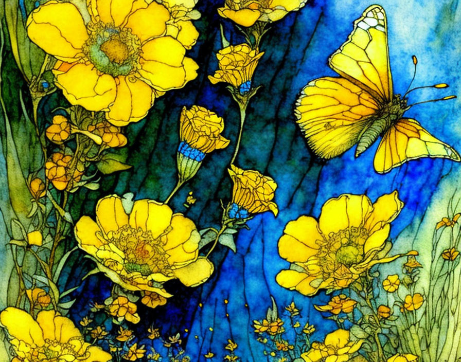 Colorful Stained-Glass Style Illustration of Yellow Flowers and Butterfly