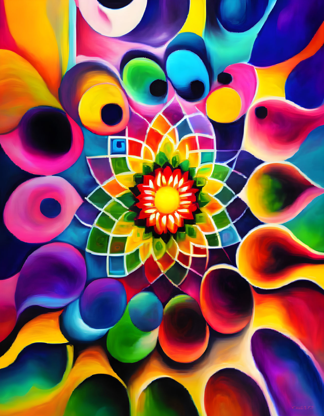 Colorful Abstract Painting with Mandala and Swirling Patterns