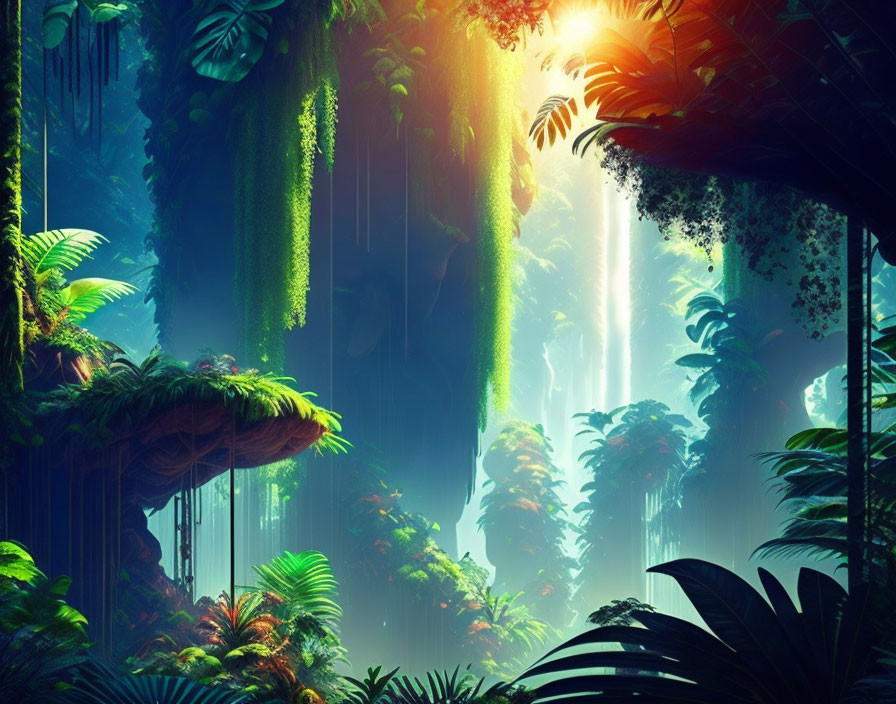 Vibrant jungle scene with towering trees and misty sun rays at dawn