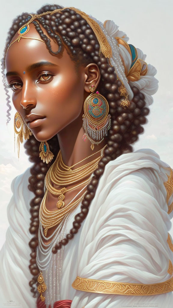 Woman with intricate braids, gold jewelry, white garment, serene expression, jewel on forehead.