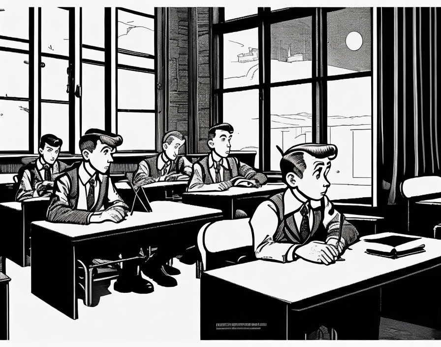 Monochrome classroom illustration with students, windows, and full moon