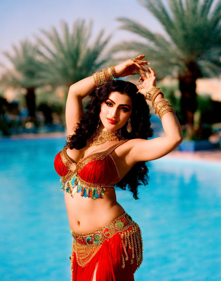 Woman in Red Ornate Belly Dancing Attire by Poolside