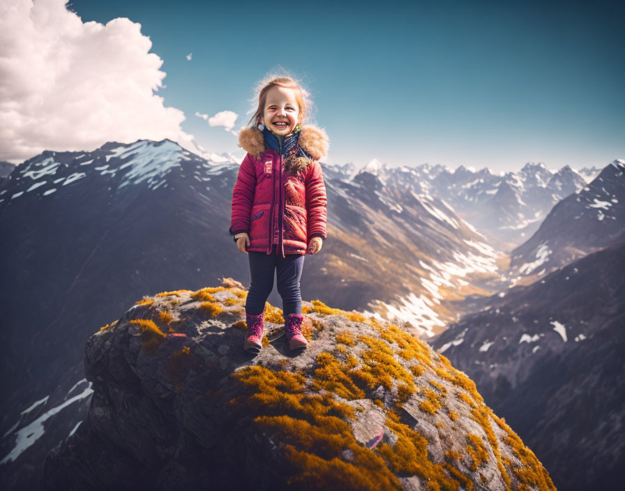 Child in winter coat smiles on mossy outcrop with sunlit mountain backdrop