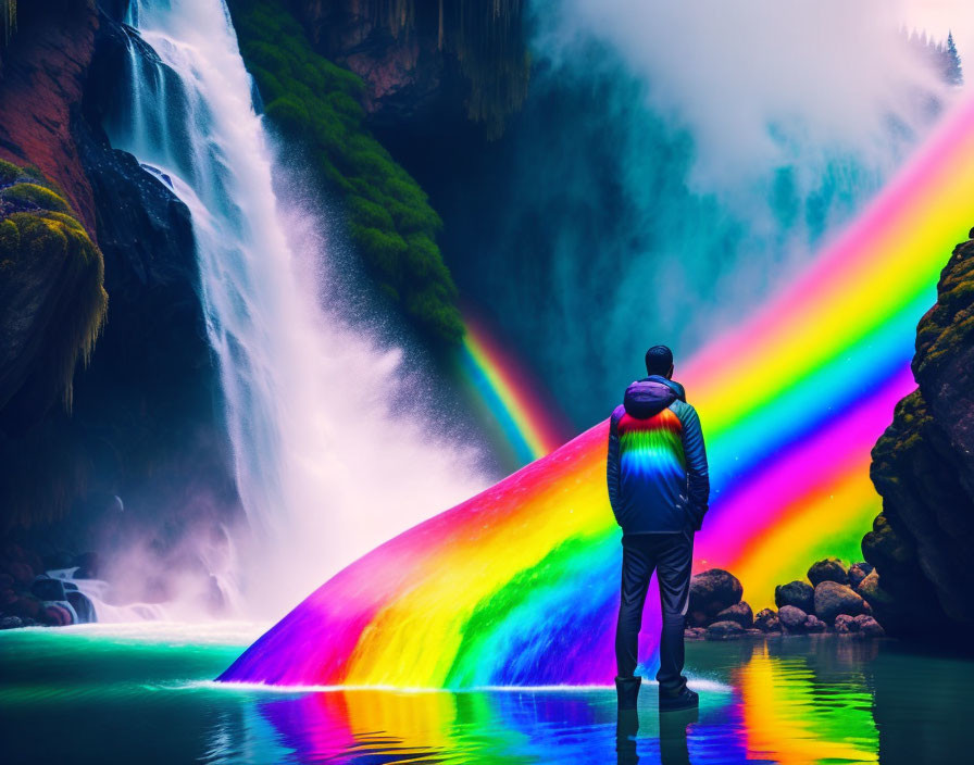 Person standing before misty waterfall with vivid rainbow bridge