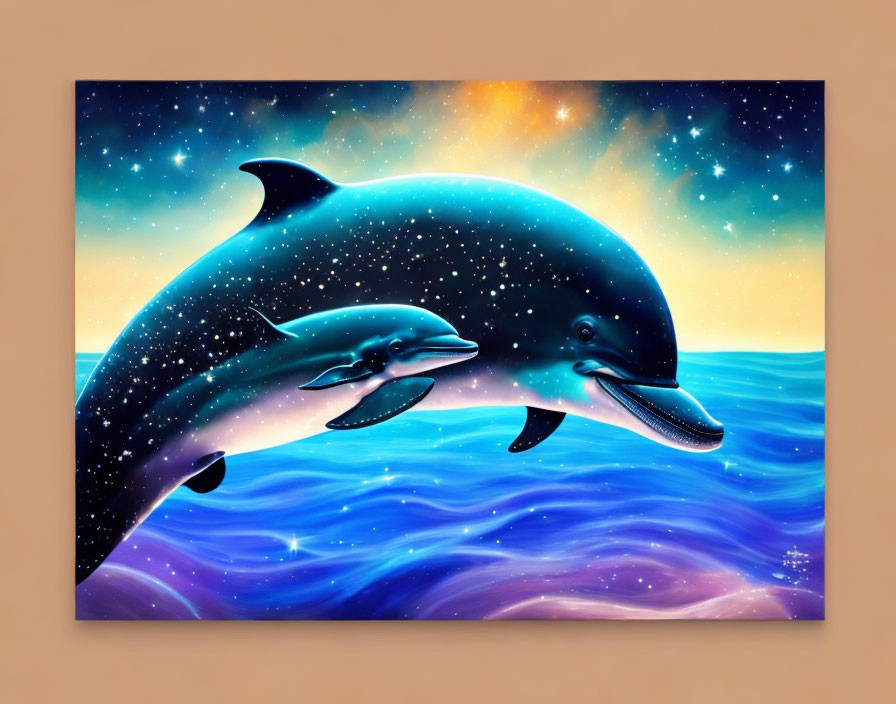 Colorful artwork: Two dolphins jumping in starry ocean.