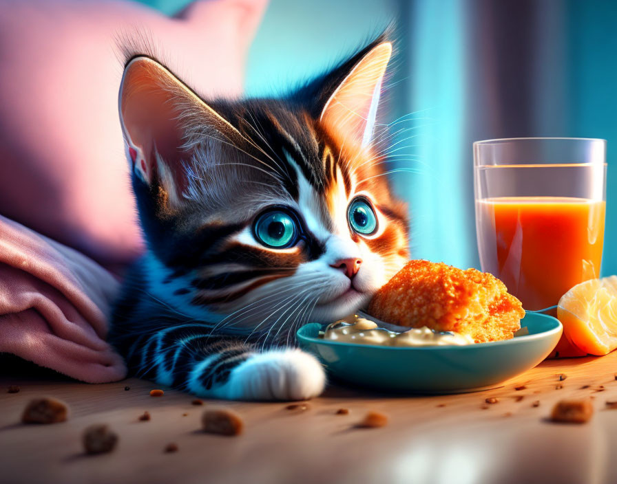 Adorable wide-eyed kitten with food plate and orange juice under warm lighting