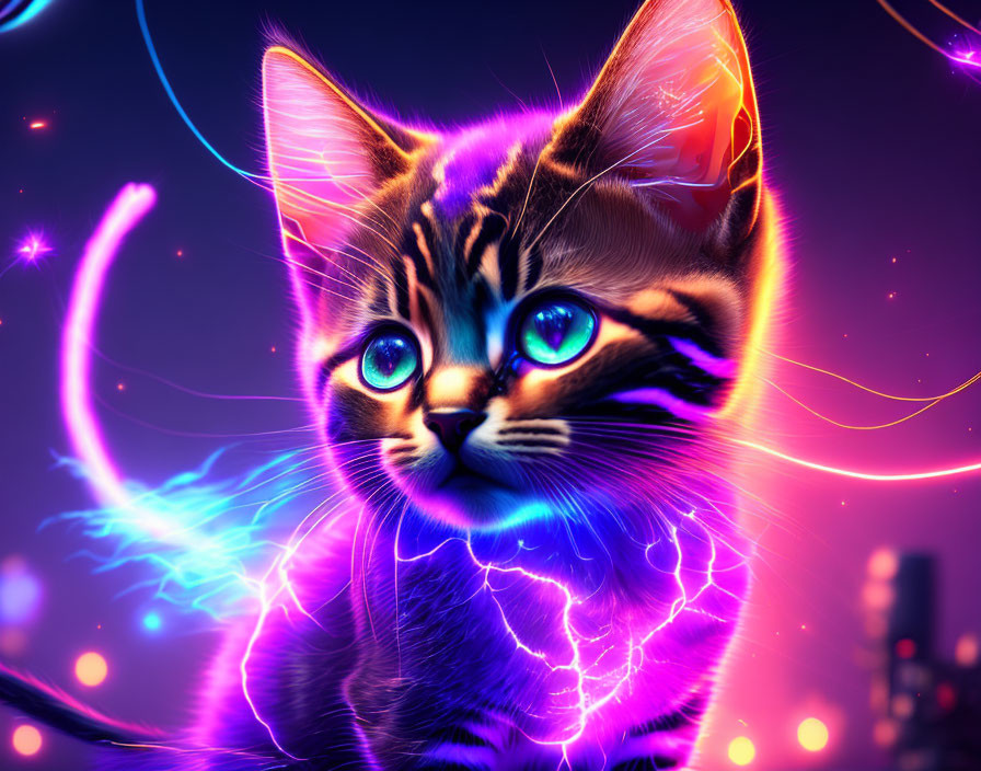Neon-lit blue-eyed kitten in vibrant digital art