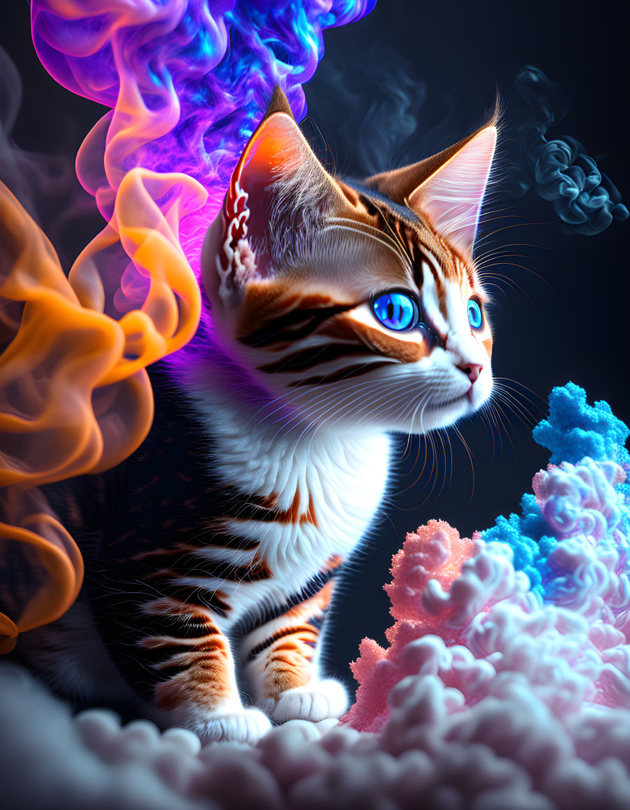 Vibrant digital artwork: Cat engulfed in orange and blue flames