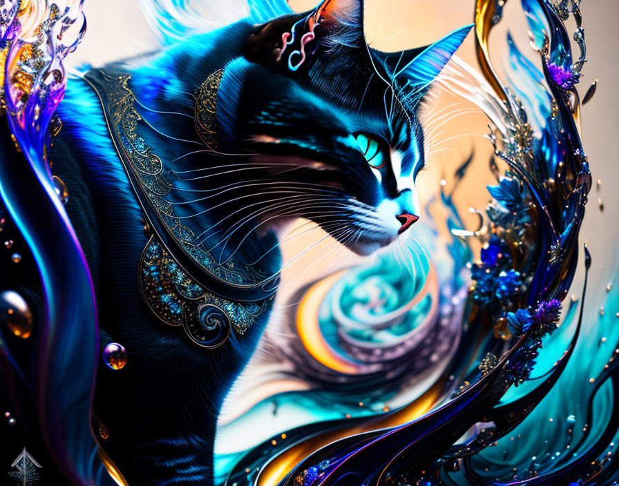 Regal cat in fantasy armor with vibrant colors