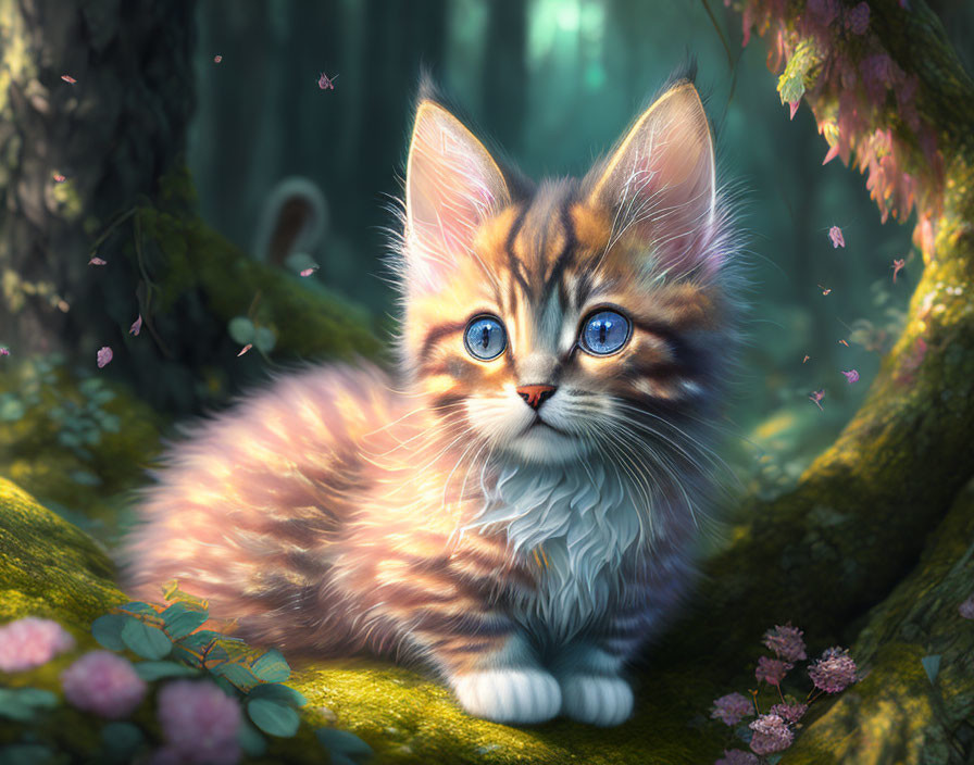 Fluffy kitten with blue eyes in magical forest scenery