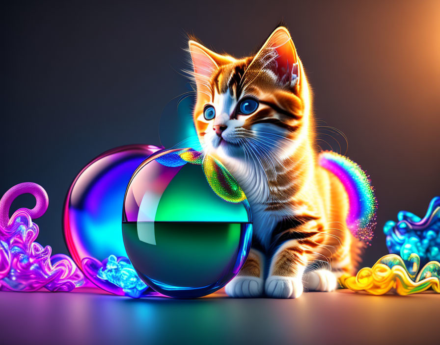 Colorful digital artwork of whimsical cat with multicolored sphere and neon swirls