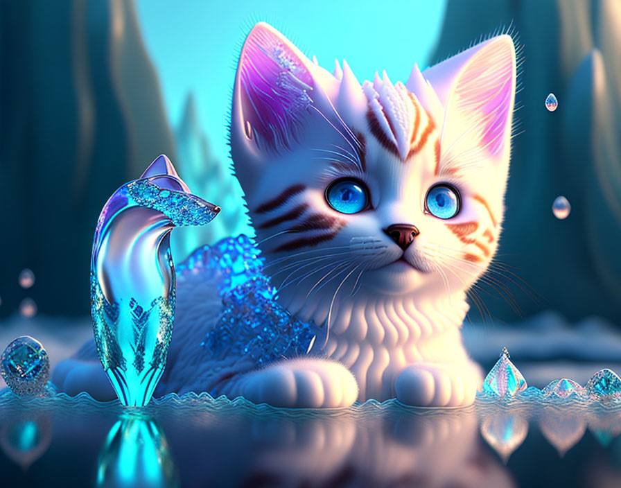 Illustration of blue-eyed kitten with fish-like tail in fantastical setting