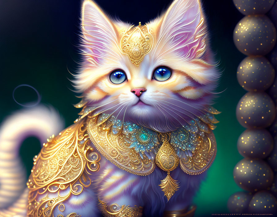 Ornately decorated cat with large blue eyes and intricate golden and turquoise jewelry