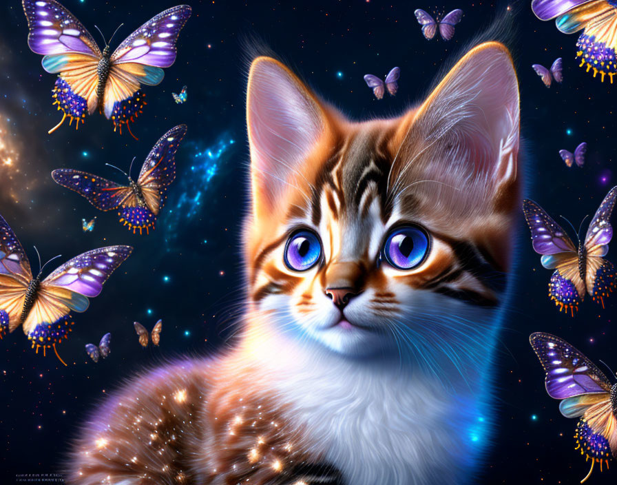 Digital art: Kitten with blue eyes and purple butterflies on starry night sky.