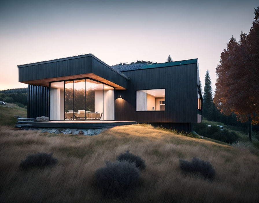 Contemporary house with large windows in grassy landscape at dusk