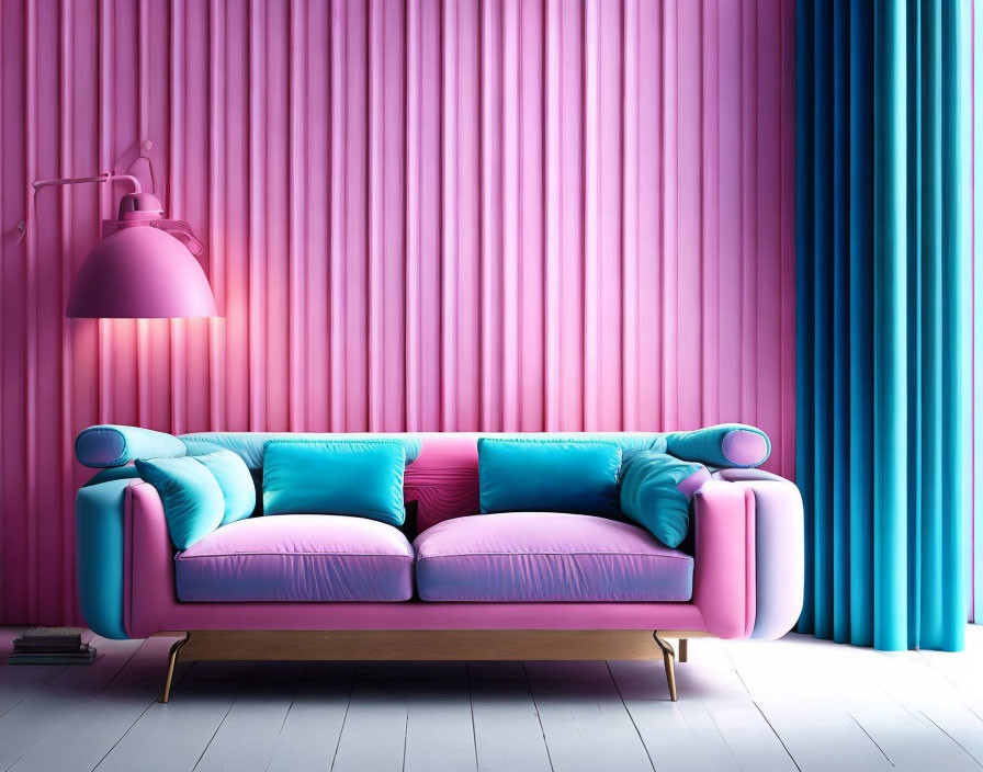 Bright Interior with Pink Sofa, Turquoise Pillows, Drapery, and Floor Lamp