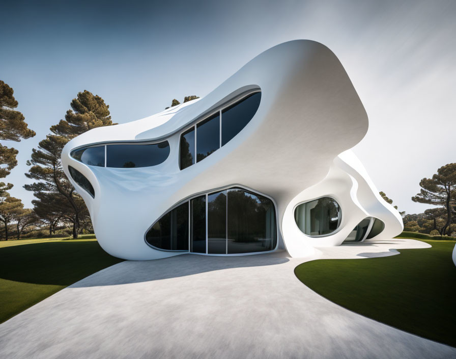 Organic-shaped white building with glass windows in green landscape