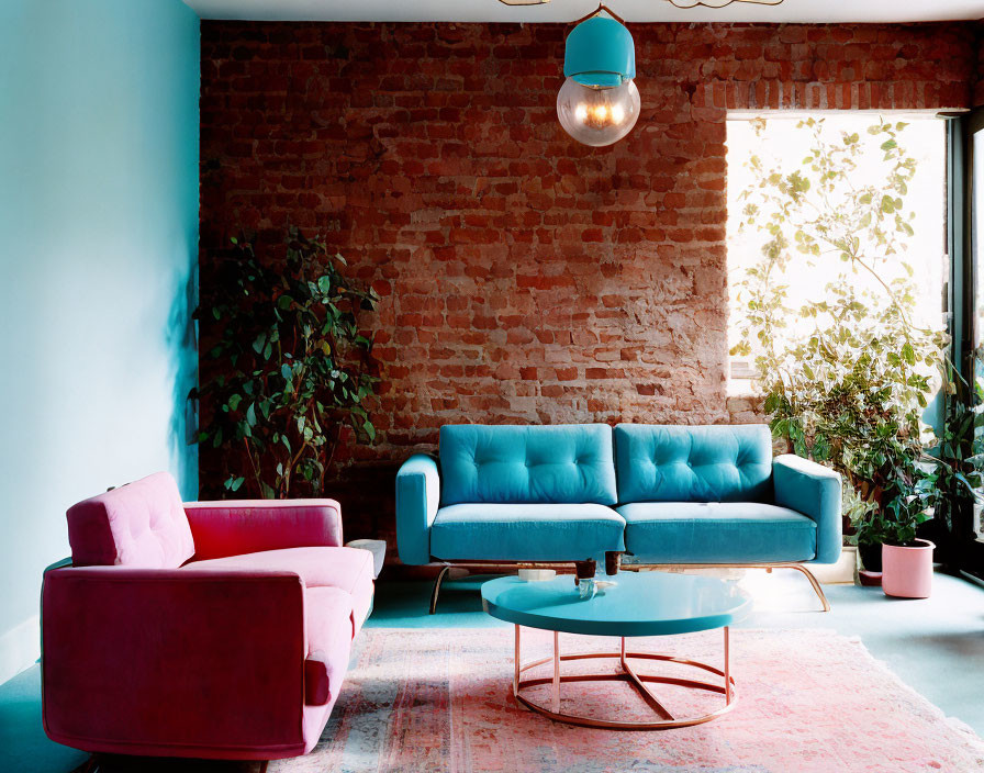 Colorful Living Room Decor with Teal Sofa, Pink Armchair, and Blue Glass Coffee Table