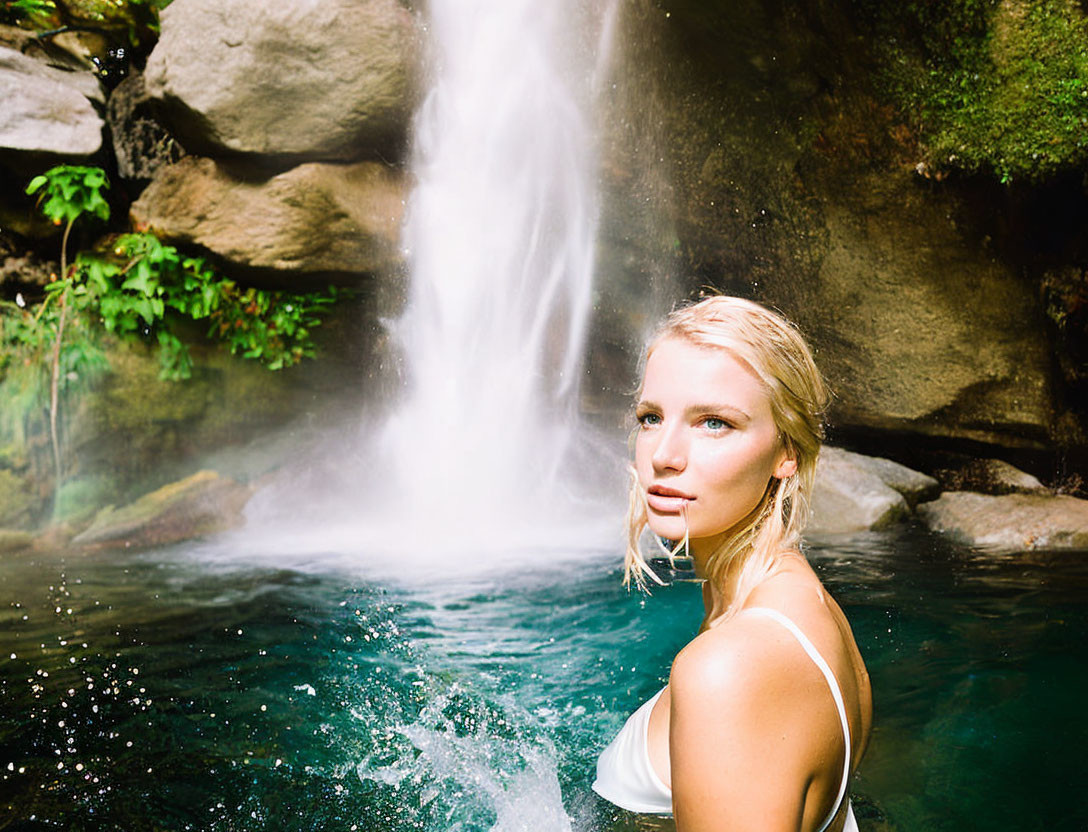 Blonde person in white top by lush waterfall