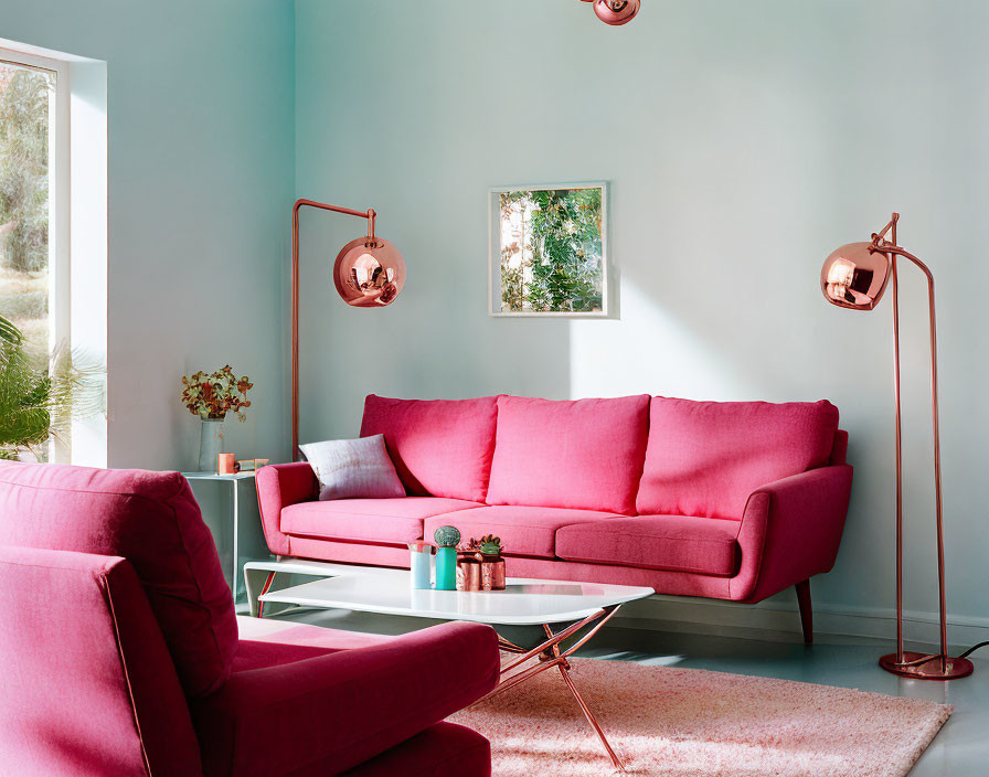 Pastel Blue Walls, Pink Couches, Copper Lamps & White Table in Modern Living Room