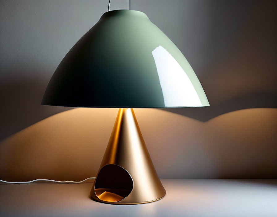 Modern Conical Table Lamp with Gold Base and Dark Green Shade