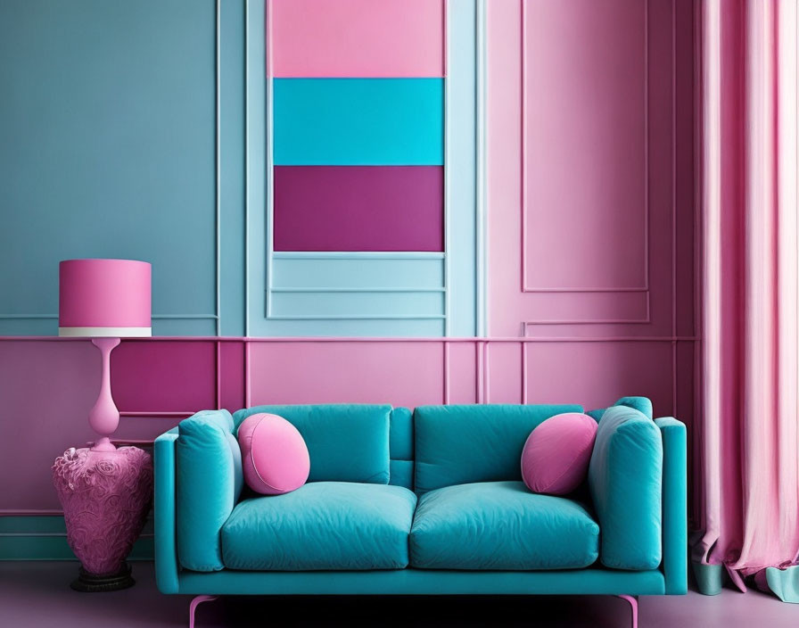 Colorful Modern Interior with Pink and Blue Walls, Turquoise Sofa, and Matching Decor