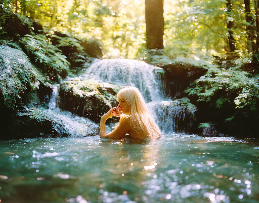 Blonde person sitting in sunlit forest stream with waterfall