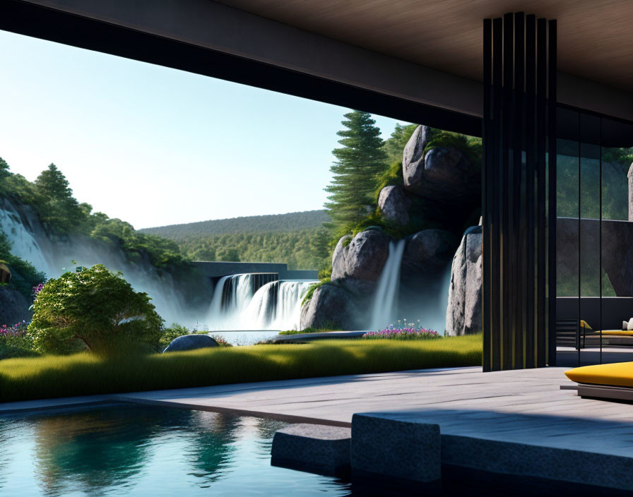 Modern House with Large Windows Overlooking Waterfall and Pool