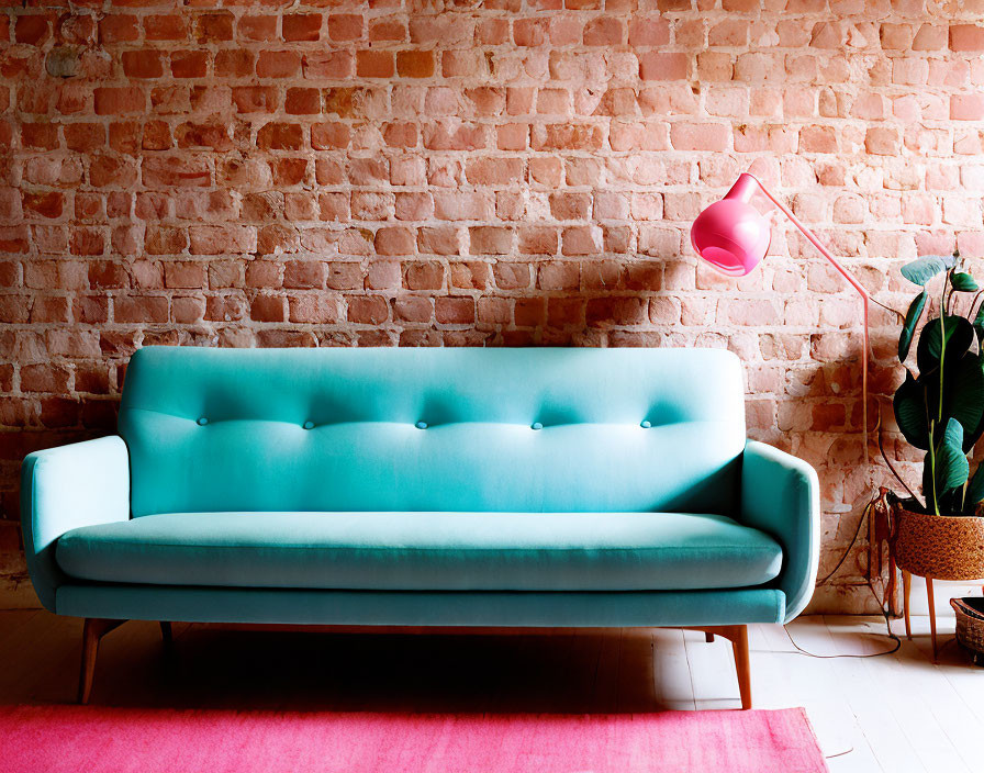 Teal Sofa Against Rustic Brick Wall with Pink Floor Lamp & Plant